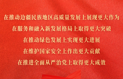在推動(dòng)邊疆民族地區(qū)高質(zhì)量發(fā)展上展現(xiàn)更大作為，在服務(wù)和融入新發(fā)展格局上取得更大突破，在推動(dòng)綠色發(fā)展上實(shí)現(xiàn)更大進(jìn)展，在維護(hù)國(guó)家安全上作出更大貢獻(xiàn)，在推進(jìn)全面從嚴(yán)治黨上取得更大成效